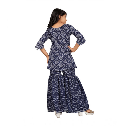 Generic Girl's Cotton Rayon Printed Top And Sharara Set (Blue)
