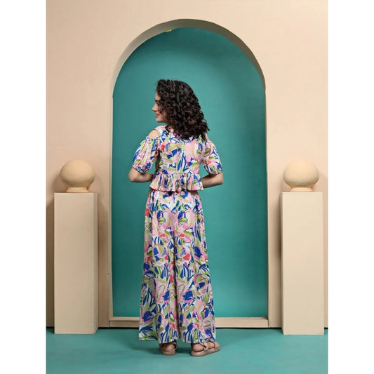 Generic Girl's Maslin Printed Crop Top And Plazzo Set (Multicolor)