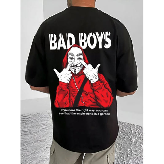 Generic Men's Casual Cotton Blend Printed Round Neck Half Sleeve T-Shirt (Black)