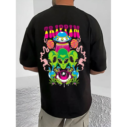 Generic Men's Casual Cotton Blend Printed Round Neck Half Sleeve T-Shirt (Black)