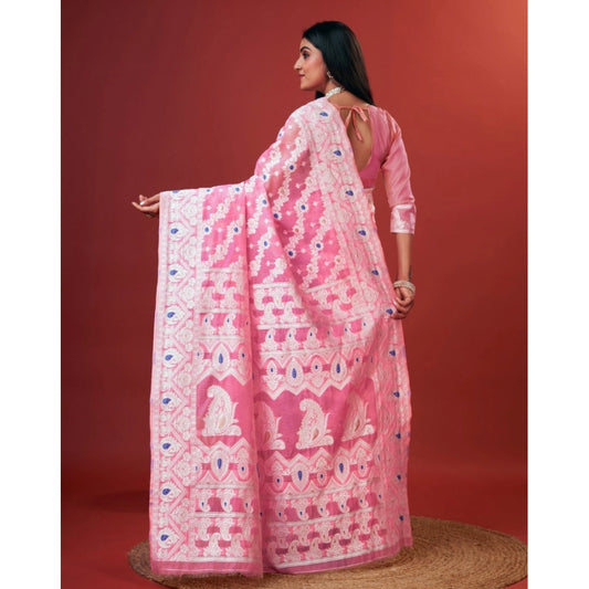 Generic Women's Cotton Silk Printed Saree With Unstitched Blouse 5.5Mtr (Pink)