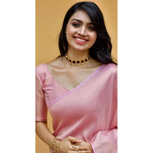 Generic Women's Litchi silk Printed Saree With Unstitched Blouse (Light Pink)