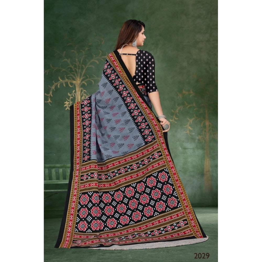 Generic Women's Soft Pure Cotton Printed Saree With Unstitched Blouse 5.5Mtr (Grey)