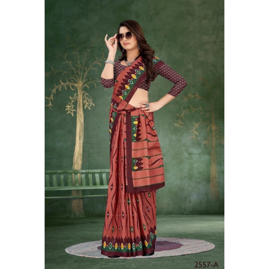 Generic Women's Soft Pure Cotton Printed Saree With Unstitched Blouse 5.5Mtr (Brown)