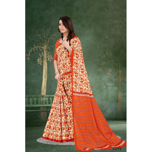 Generic Women's Soft Pure Cotton Printed Saree With Unstitched Blouse 5.5Mtr (Orange)