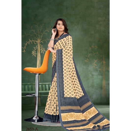 Generic Women's Soft Pure Cotton Printed Saree With Unstitched Blouse 5.5Mtr (Cream)