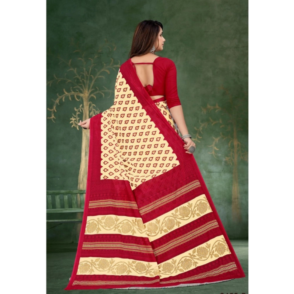 Generic Women's Soft Pure Cotton Printed Saree With Unstitched Blouse 5.5Mtr (Beige)