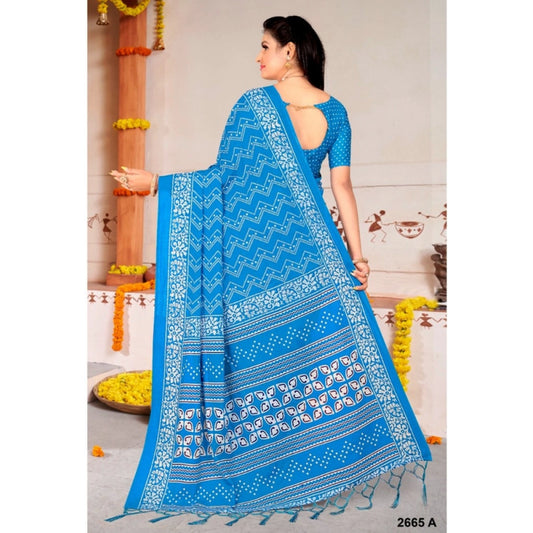Generic Women's Soft Pure Cotton Printed Saree With Unstitched Blouse 5.5Mtr (Sky Blue)