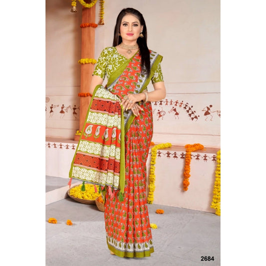 Generic Women's Soft Pure Cotton Printed Saree With Unstitched Blouse 5.5Mtr (Multicolor)