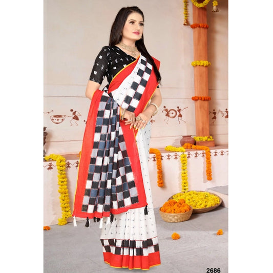 Generic Women's Soft Pure Cotton Printed Saree With Unstitched Blouse 5.5Mtr (White)