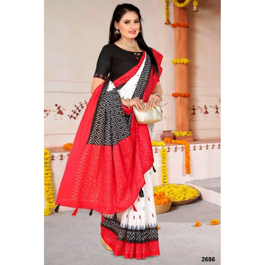 Generic Women's Soft Pure Cotton Printed Saree With Unstitched Blouse 5.5Mtr (White)