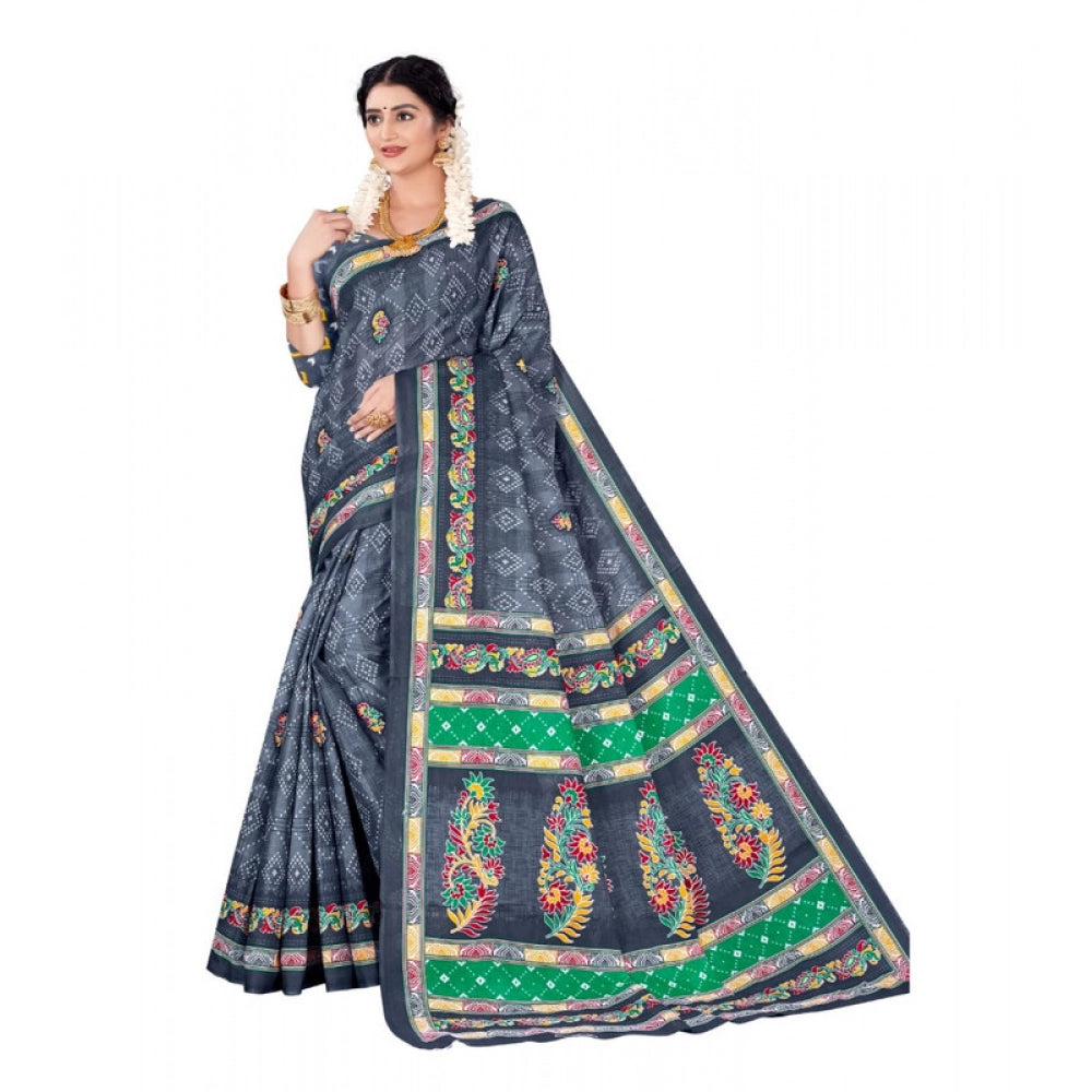 Generic Women's Soft Pure Cotton Printed Saree With Unstitched Blouse 5.5Mtr (Grey)