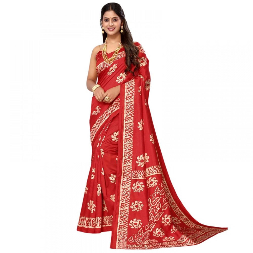 Generic Women's Litchi silk Printed Saree With Unstitched Blouse 5-6 Mtrs (Red)