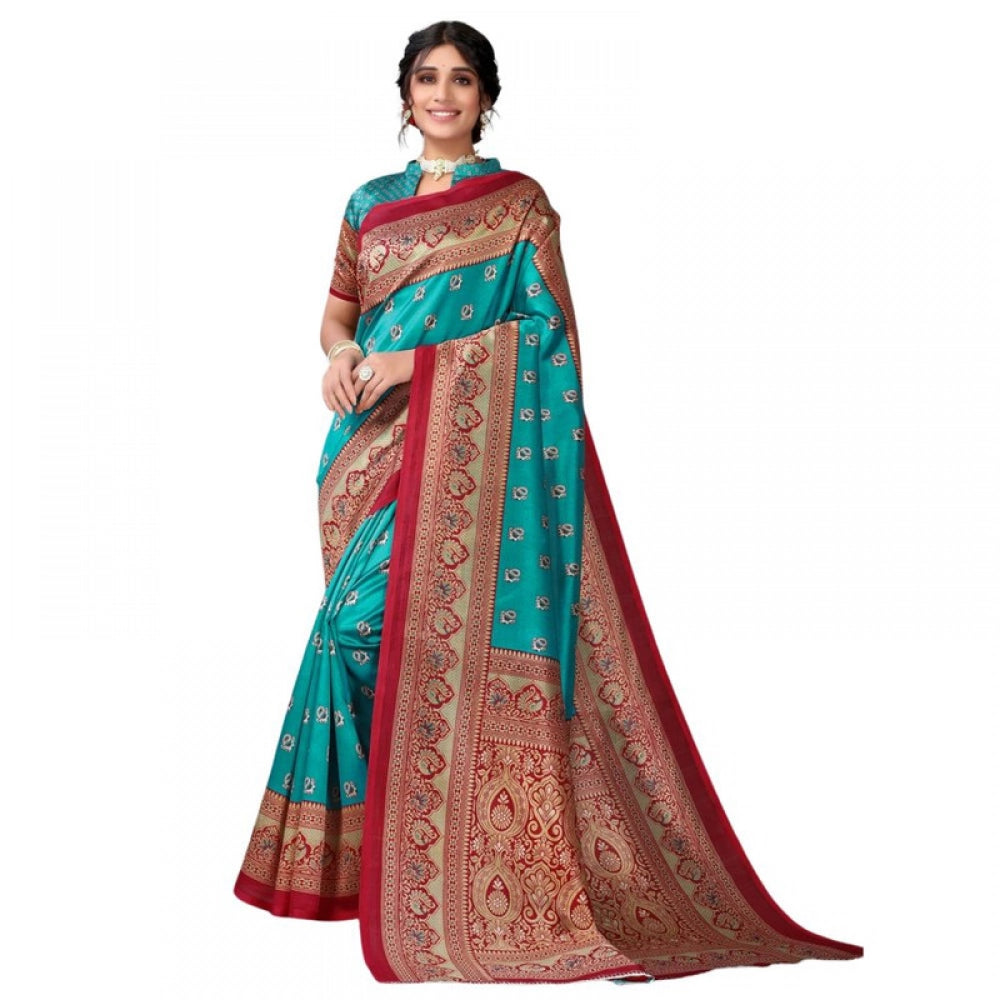 Generic Women's Litchi silk Printed Saree With Unstitched Blouse 5-6 Mtrs (Turquoise Blue)