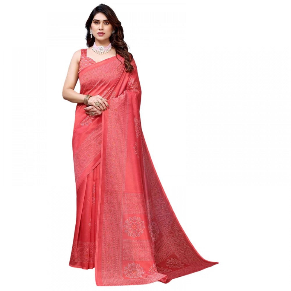 Generic Women's Litchi silk Printed Saree With Unstitched Blouse 5-6 Mtrs (Peach)