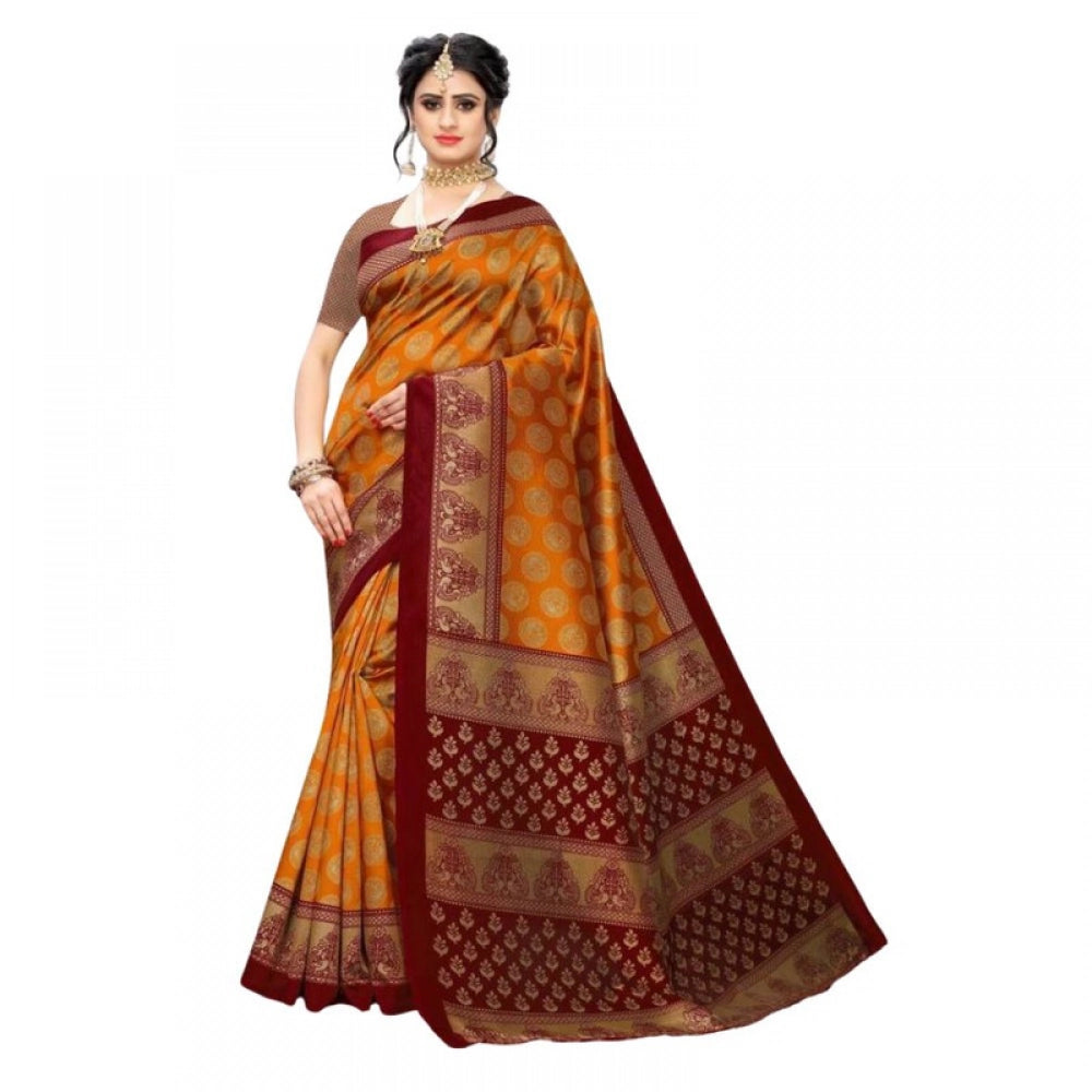 Generic Women's Litchi silk Printed Saree With Unstitched Blouse 5-6 Mtrs (Mustard Yellow)