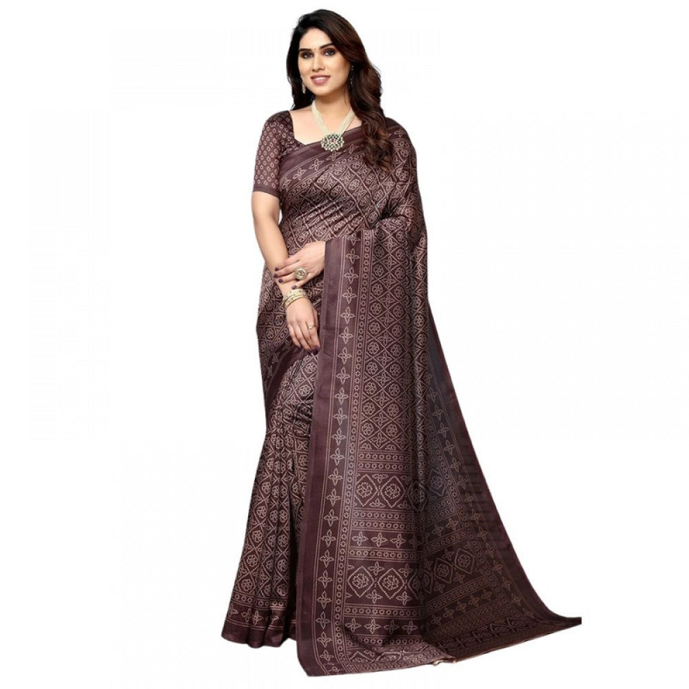 Generic Women's Litchi silk Printed Saree With Unstitched Blouse 5-6 Mtrs (Brown)