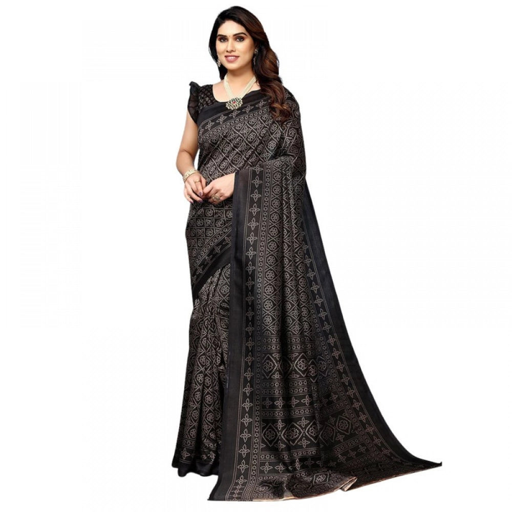 Generic Women's Litchi silk Printed Saree With Unstitched Blouse 5-6 Mtrs (Black)