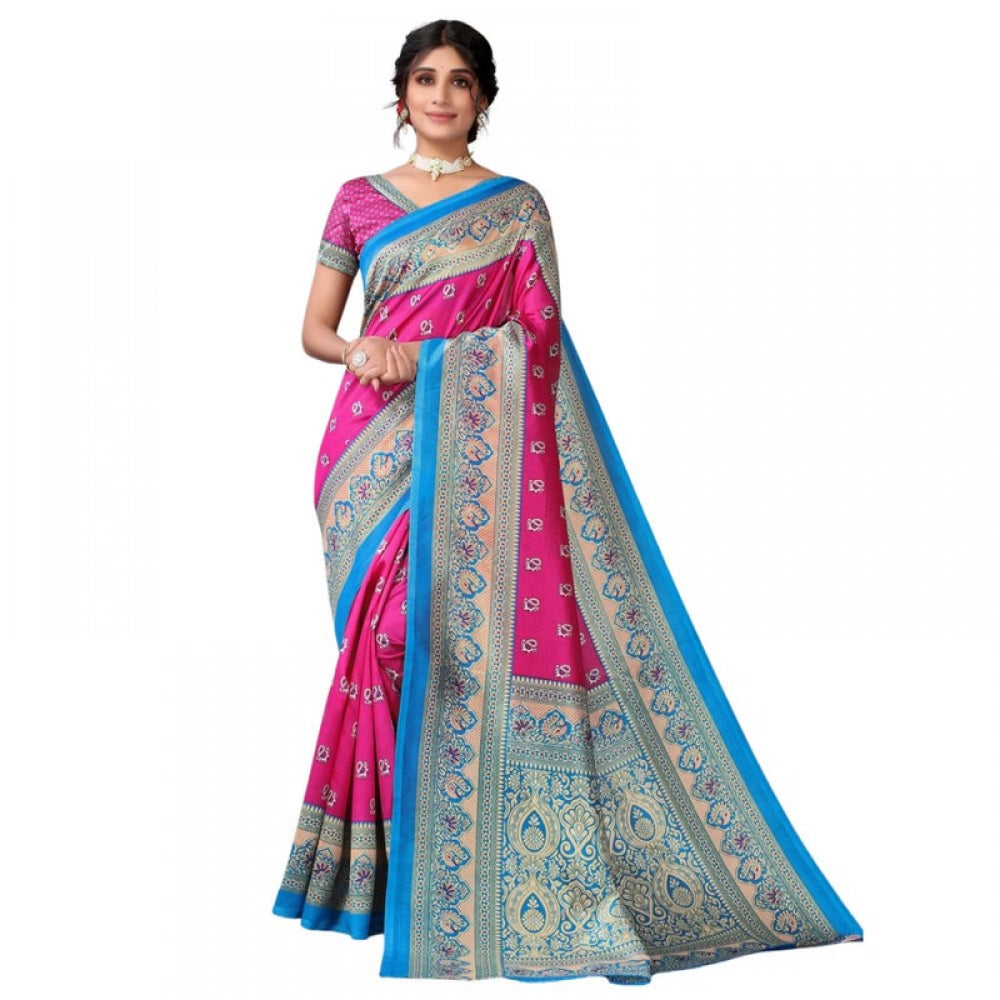 Generic Women's Litchi silk Printed Saree With Unstitched Blouse 5-6 Mtrs (Pink)
