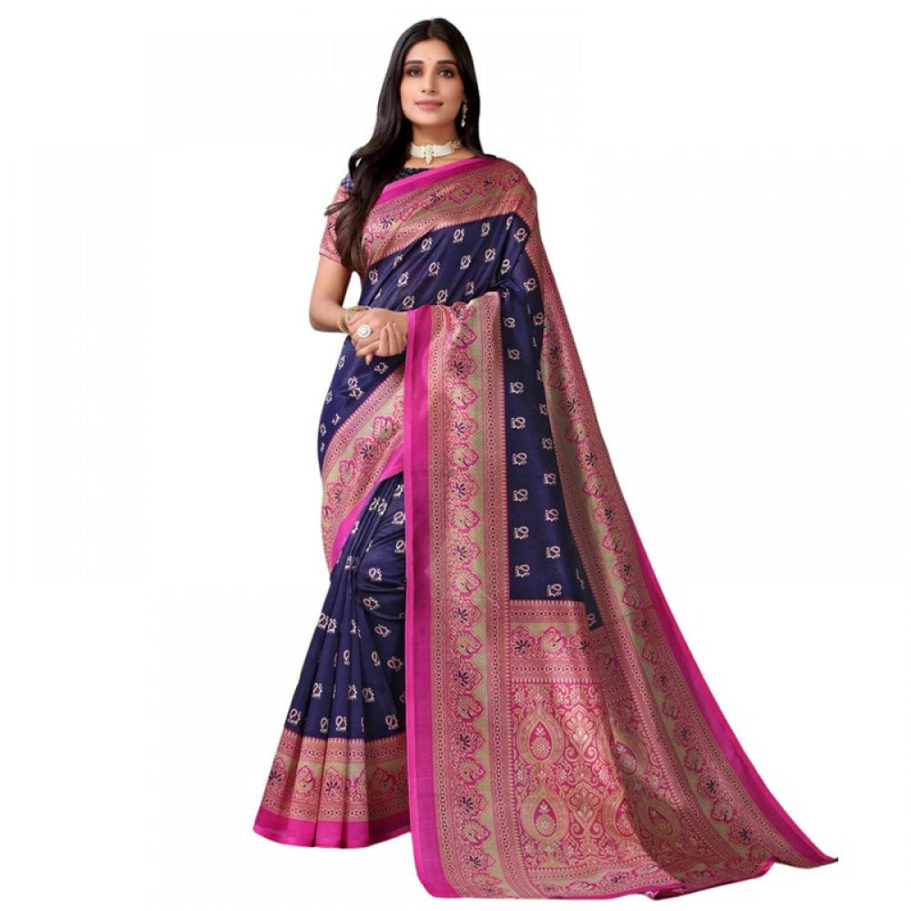 Generic Women's Litchi silk Printed Saree With Unstitched Blouse 5-6 Mtrs (Navy Blue)