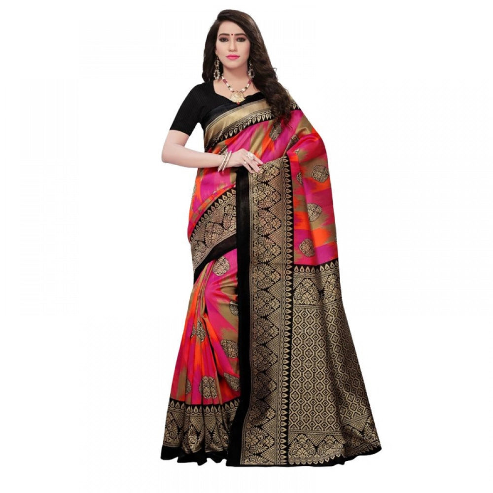 Generic Women's Litchi silk Printed Saree With Unstitched Blouse 5-6 Mtrs (Pink)