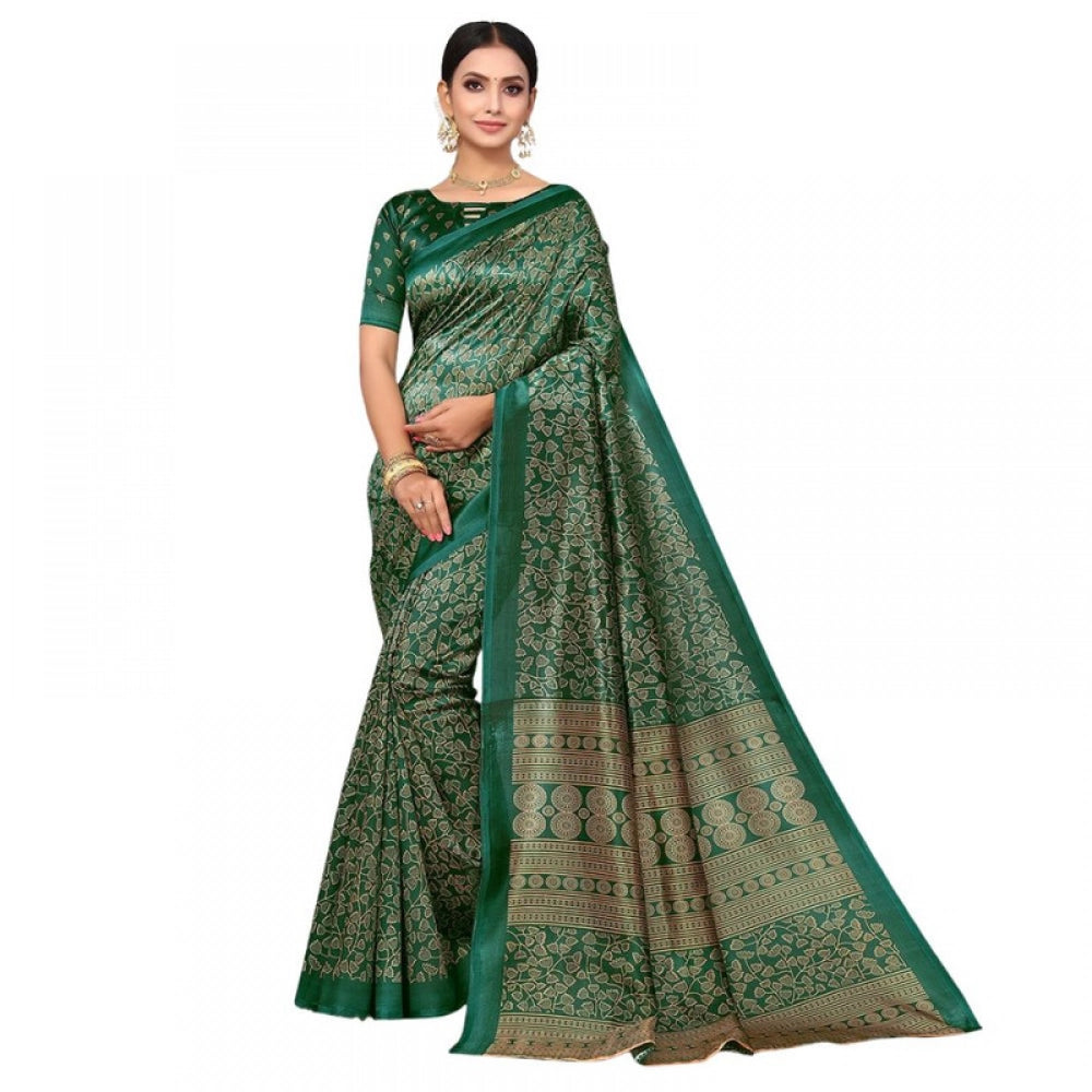 Generic Women's Litchi silk Printed Saree With Unstitched Blouse 5-6 Mtrs (Green)