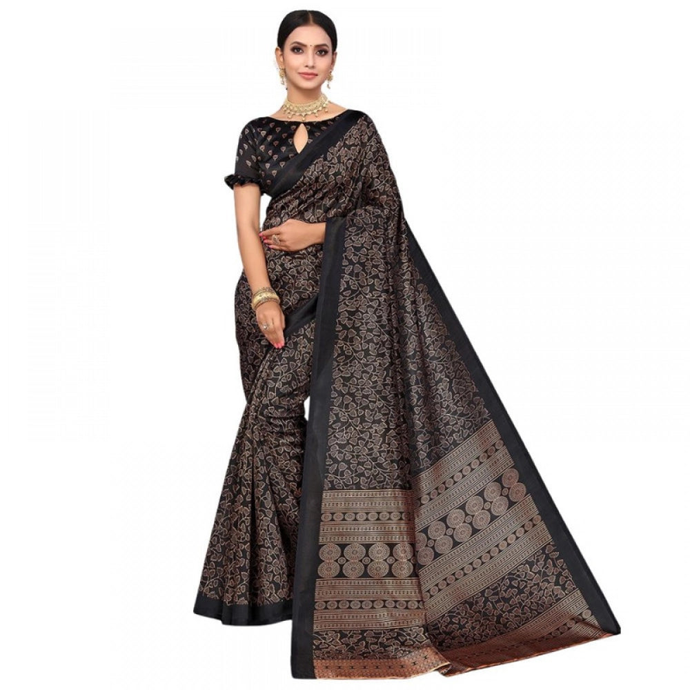 Generic Women's Litchi silk Printed Saree With Unstitched Blouse 5-6 Mtrs (Black)