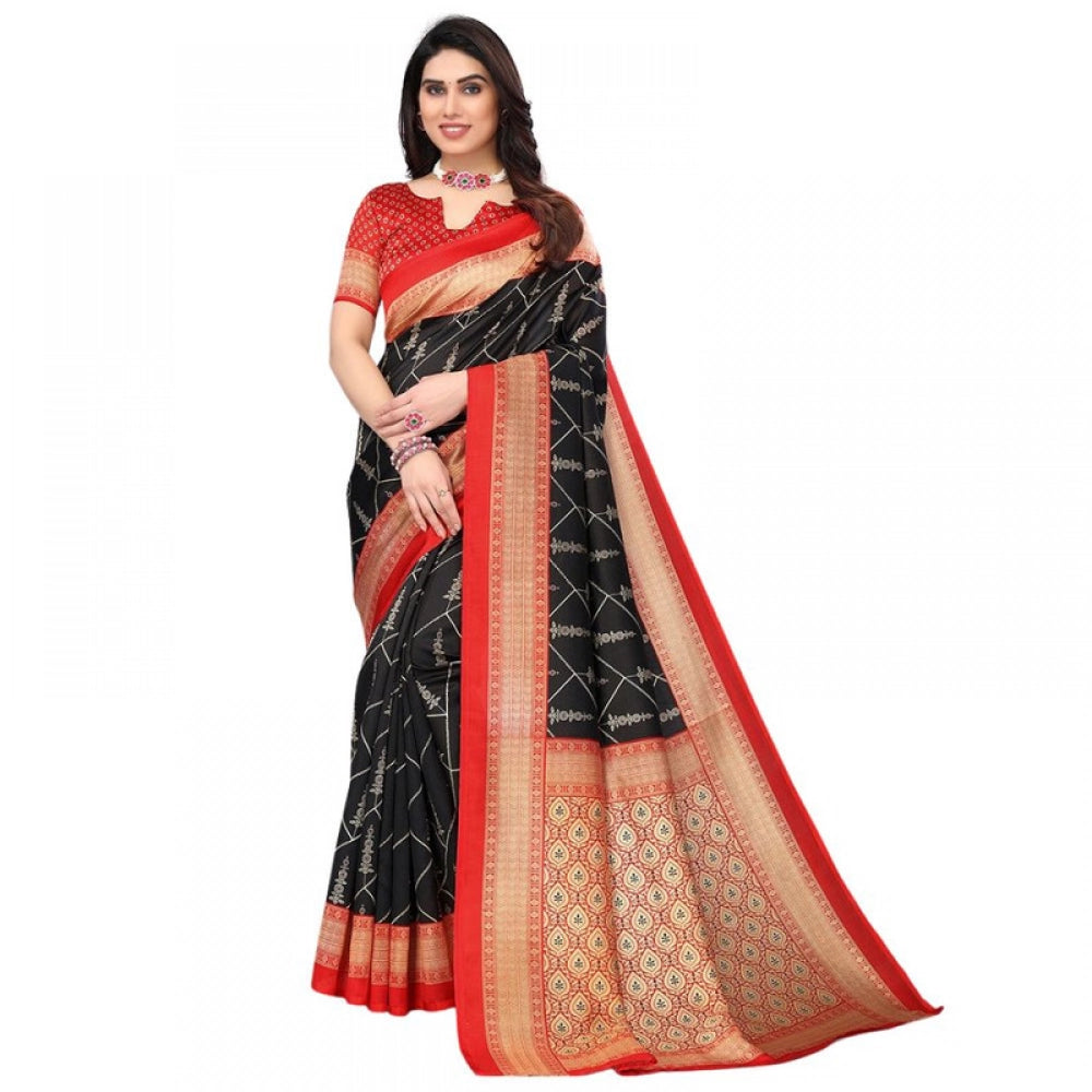 Generic Women's Litchi silk Printed Saree With Unstitched Blouse 5-6 Mtrs (Black)