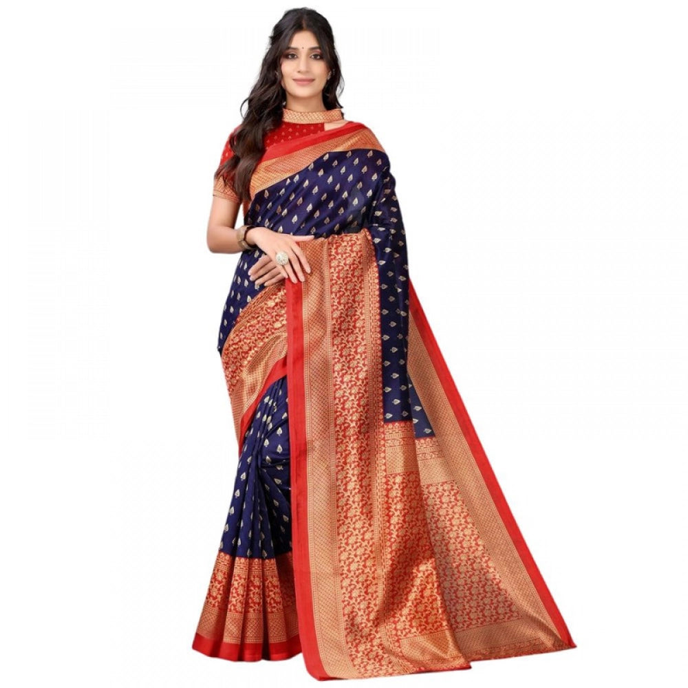 Generic Women's Litchi silk Printed Saree With Unstitched Blouse 5-6 Mtrs (Navy Blue)