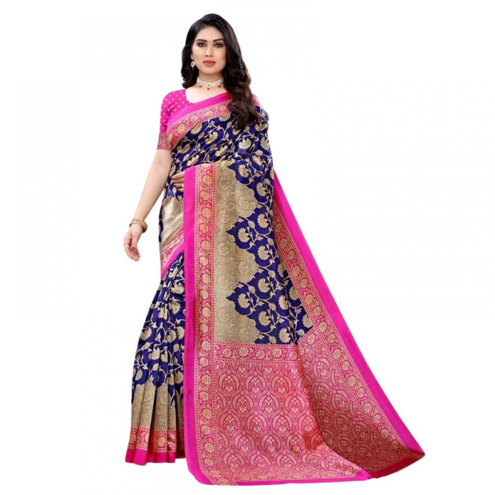 Generic Women's Litchi silk Printed Saree With Unstitched Blouse 5-6 Mtrs (Blue)
