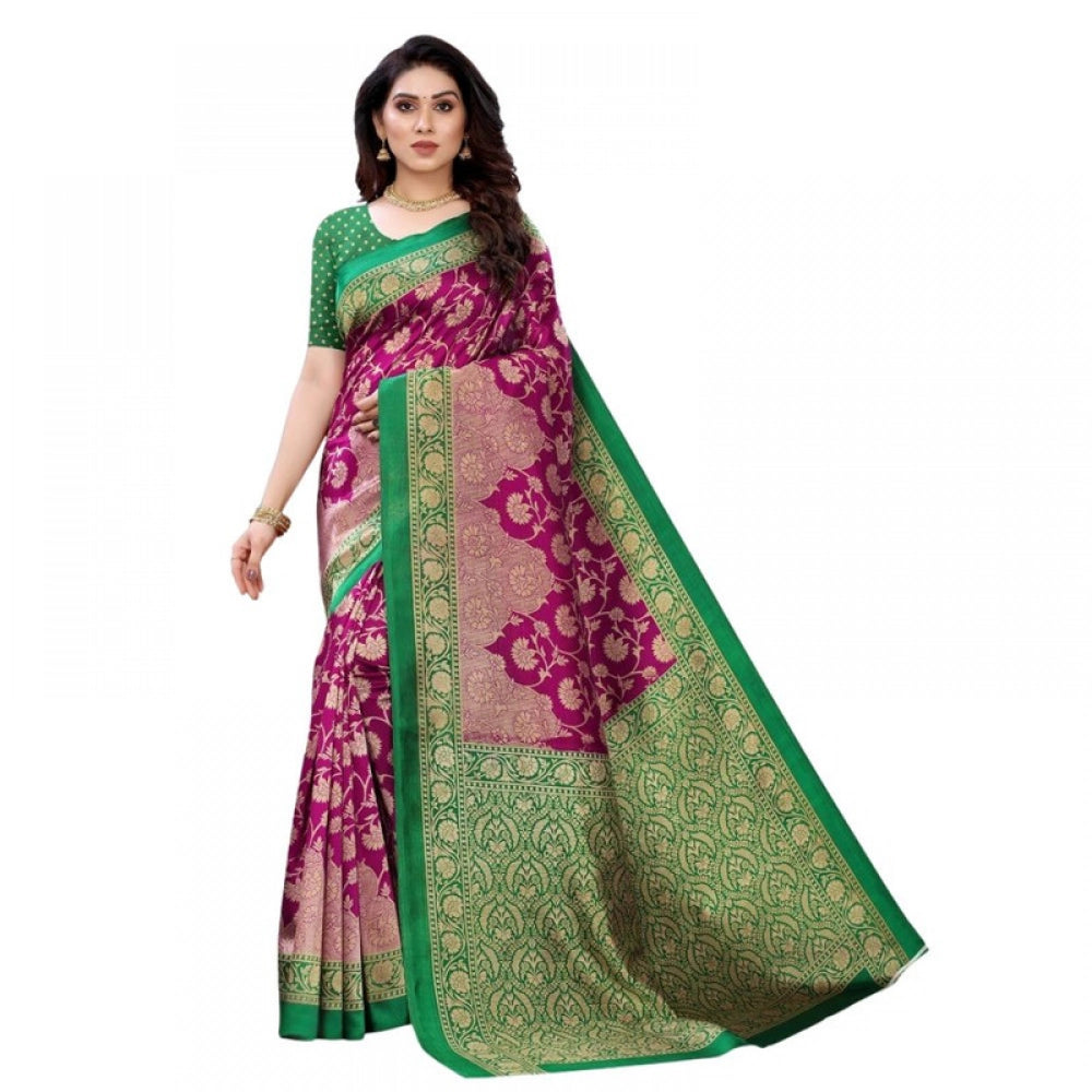 Generic Women's Litchi silk Printed Saree With Unstitched Blouse 5-6 Mtrs (Rani Pink)