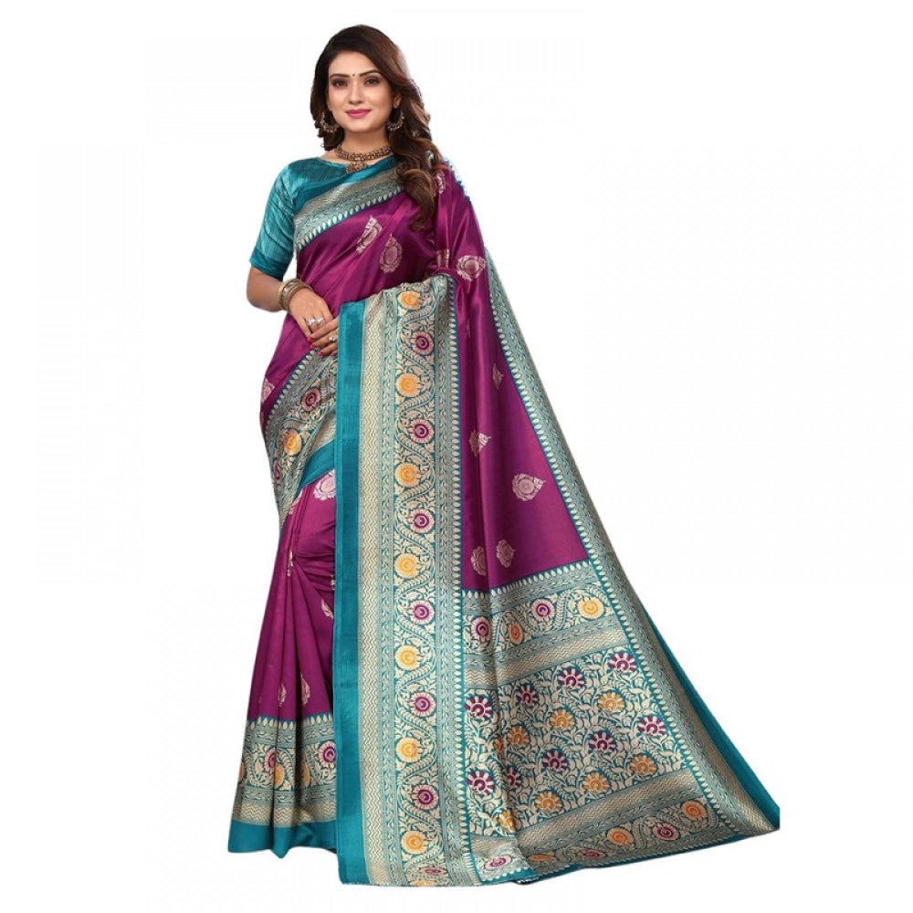 Generic Women's Litchi silk Printed Saree With Unstitched Blouse 5-6 Mtrs (Magenta)