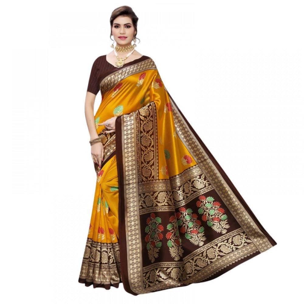 Generic Women's Litchi silk Printed Saree With Unstitched Blouse 5-6 Mtrs (Mustard Yellow)