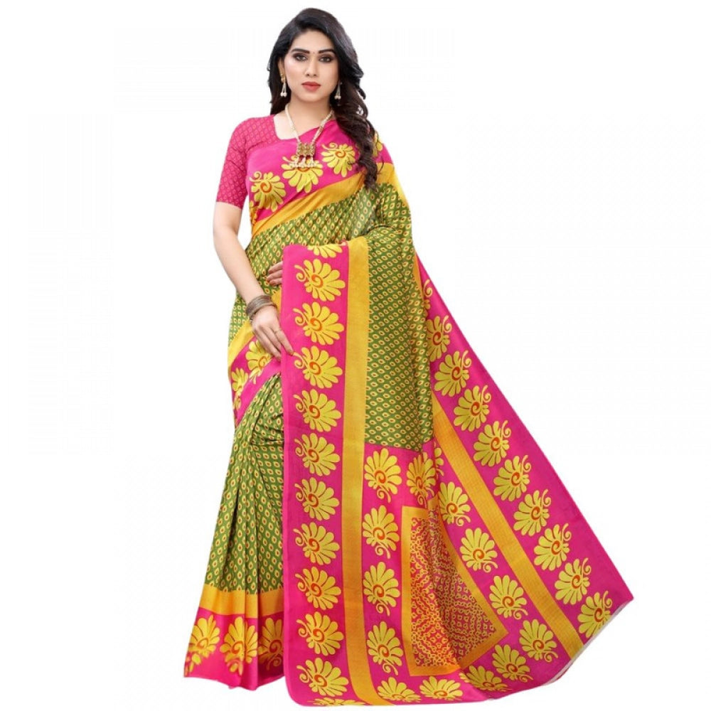 Generic Women's Litchi silk Printed Saree With Unstitched Blouse 5-6 Mtrs (Green)