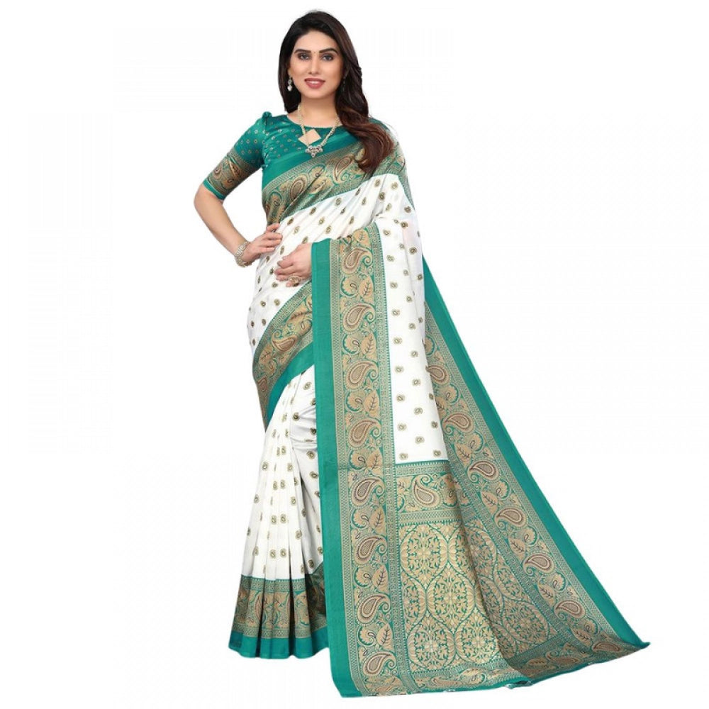 Generic Women's Litchi silk Printed Saree With Unstitched Blouse 5-6 Mtrs (Turquoise Blue)