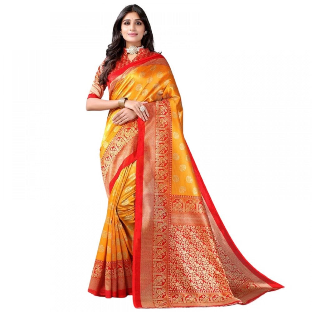 Generic Women's Litchi silk Printed Saree With Unstitched Blouse 5-6 Mtrs (Mustard Yellow)