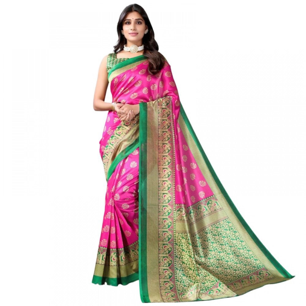 Generic Women's Litchi silk Printed Saree With Unstitched Blouse 5-6 Mtrs (Pink)