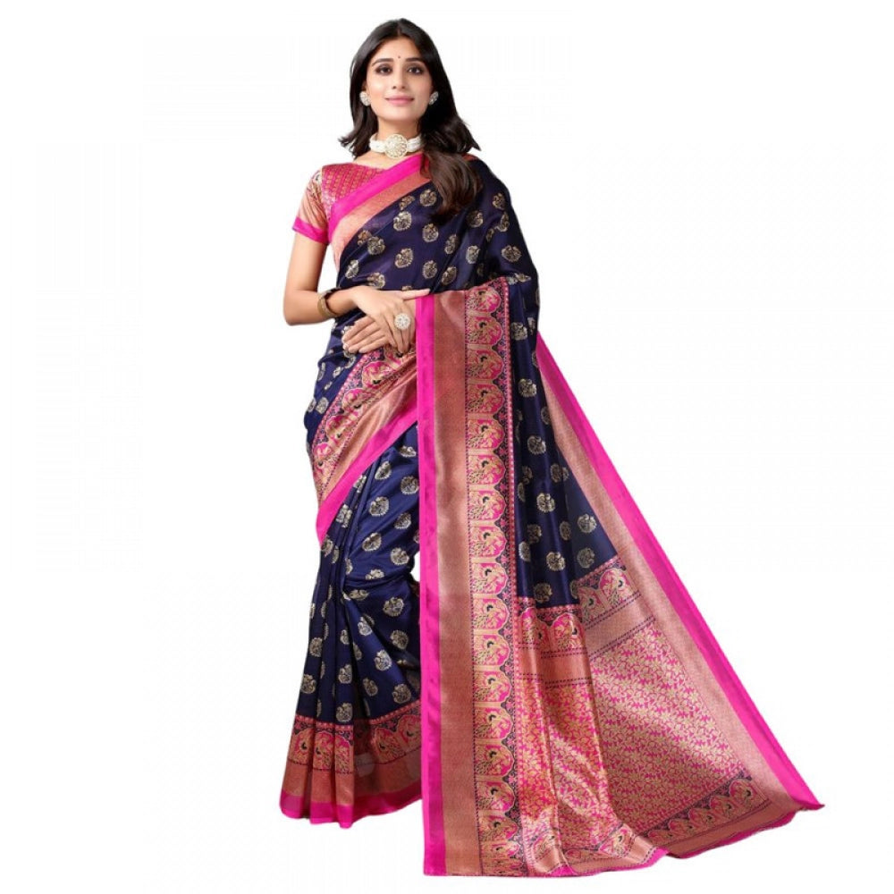 Generic Women's Litchi silk Printed Saree With Unstitched Blouse 5-6 Mtrs (Navy Blue)