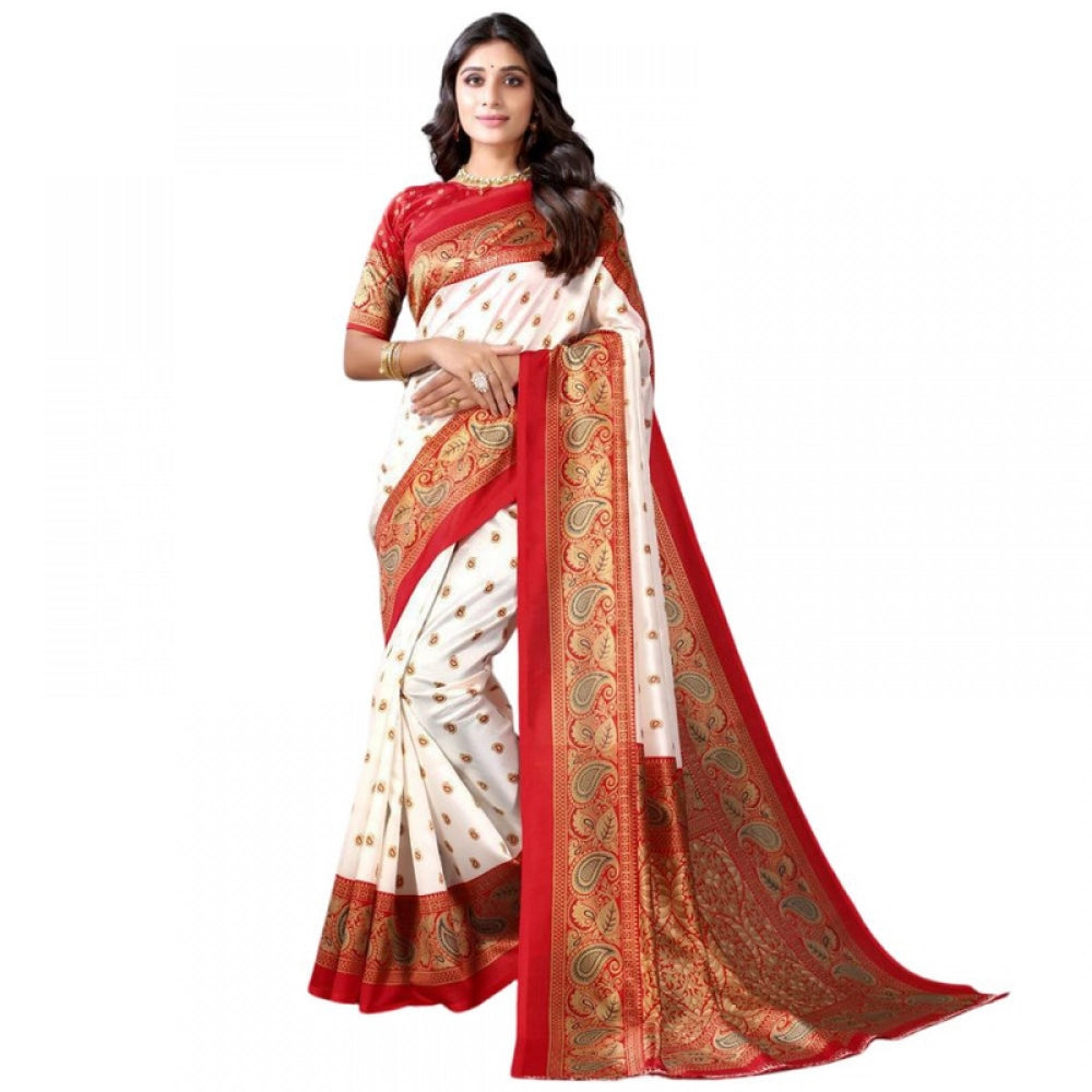 Generic Women's Litchi silk Printed Saree With Unstitched Blouse 5-6 Mtrs (Red)