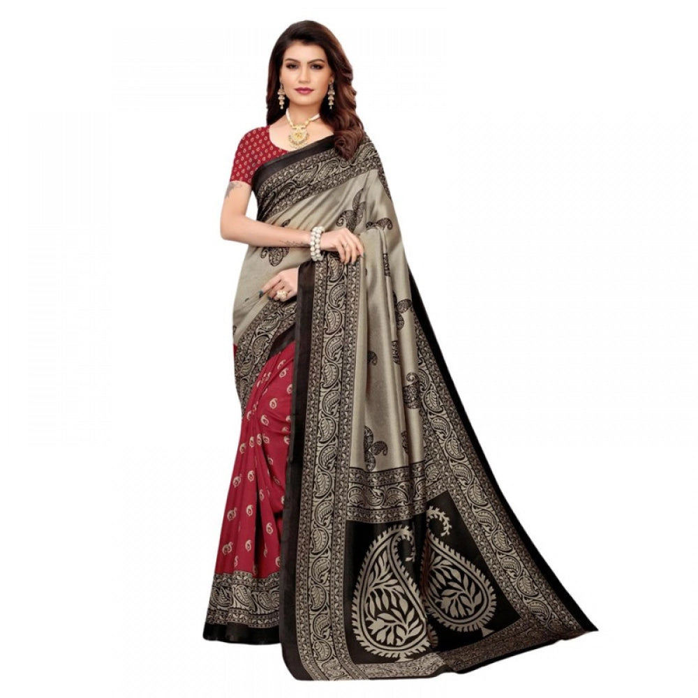 Generic Women's Litchi silk Printed Saree With Unstitched Blouse 5-6 Mtrs (Red)
