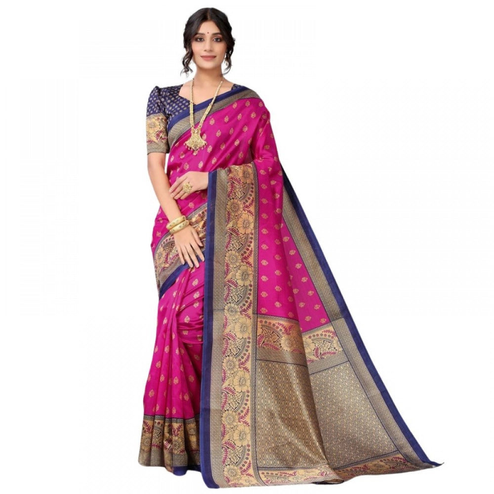 Generic Women's Litchi silk Printed Saree With Unstitched Blouse 5-6 Mtrs (Pink)