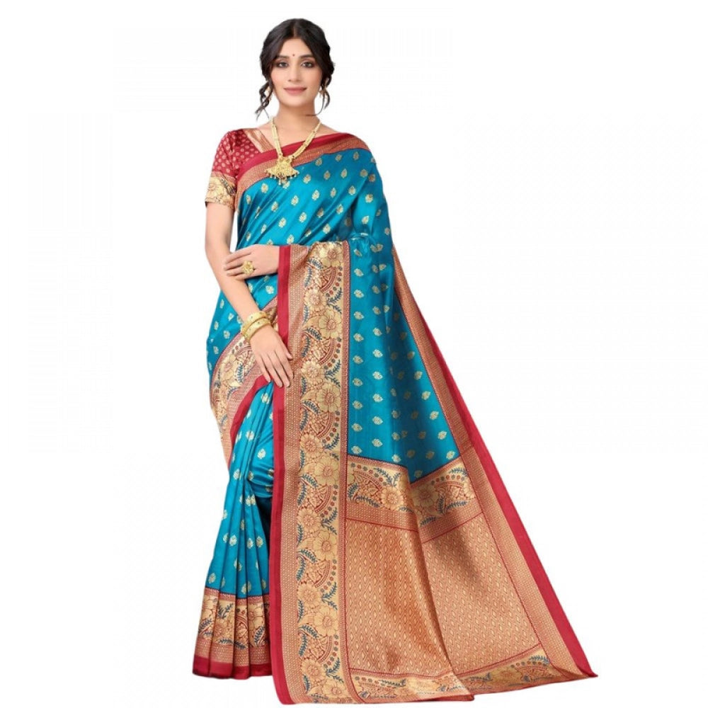 Generic Women's Litchi silk Printed Saree With Unstitched Blouse 5-6 Mtrs (Blue)