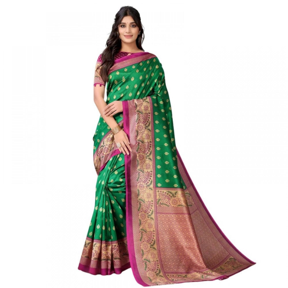 Generic Women's Litchi silk Printed Saree With Unstitched Blouse 5-6 Mtrs (Green)
