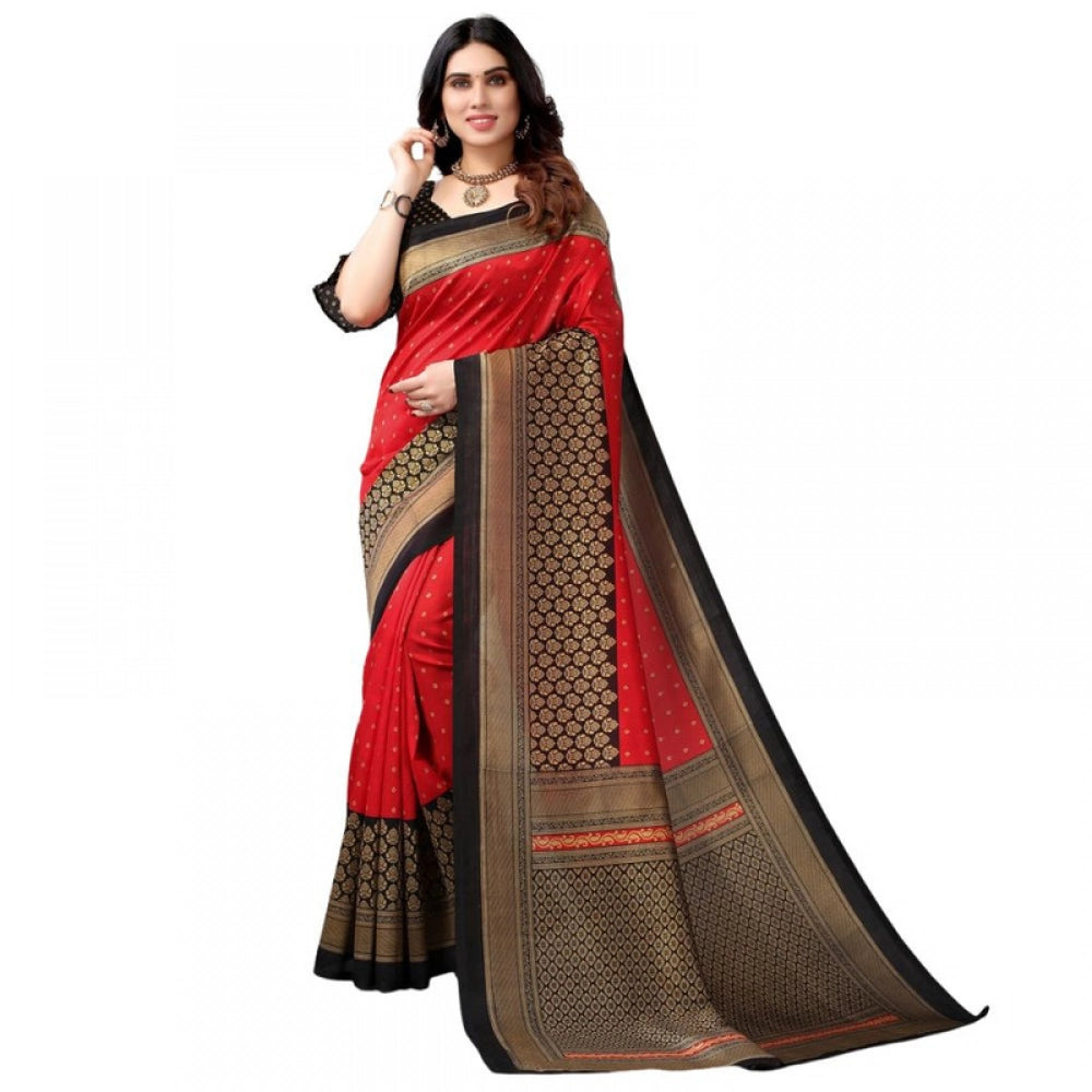 Generic Women's Litchi silk Printed Saree With Unstitched Blouse 5-6 Mtrs (Red)