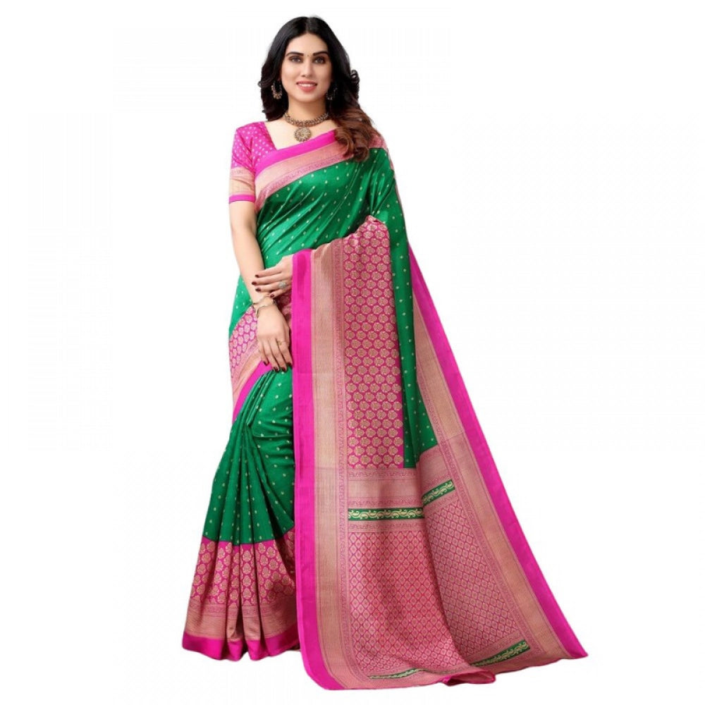 Generic Women's Litchi silk Printed Saree With Unstitched Blouse 5-6 Mtrs (Green)