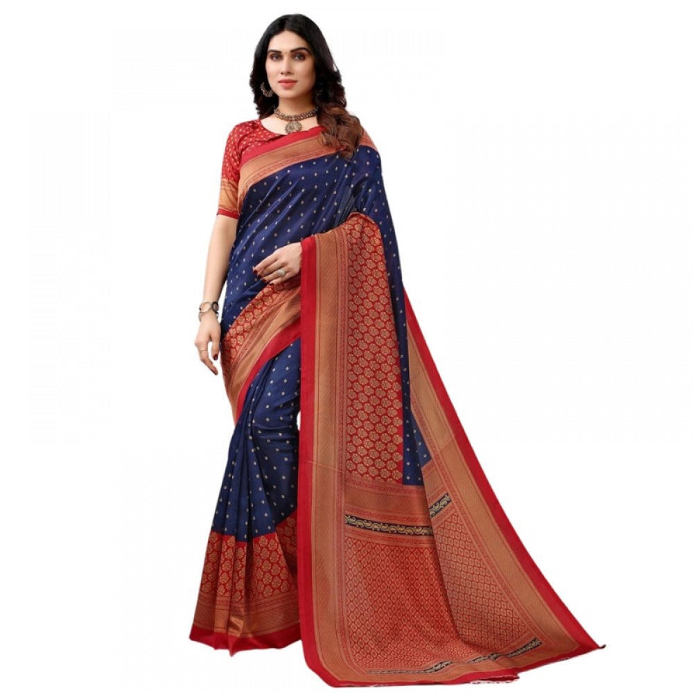 Generic Women's Litchi silk Printed Saree With Unstitched Blouse 5-6 Mtrs (Navy Blue)