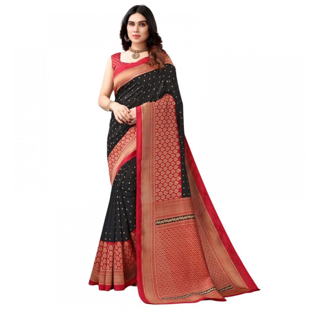 Generic Women's Litchi silk Printed Saree With Unstitched Blouse 5-6 Mtrs (Black)