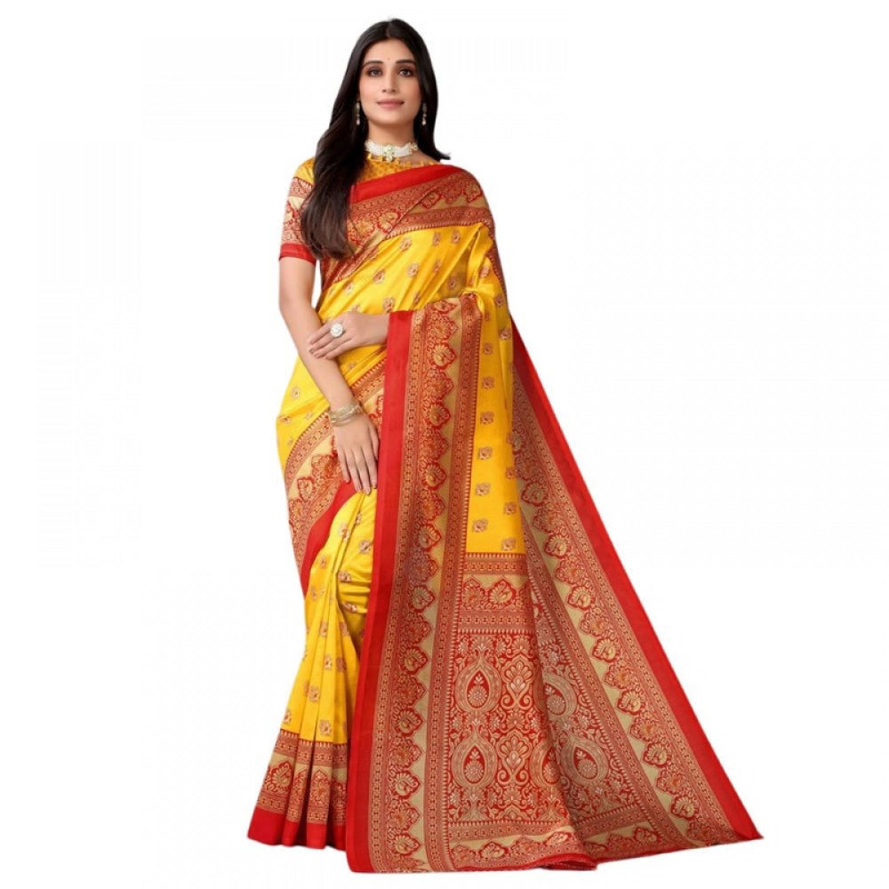 Generic Women's Litchi silk Printed Saree With Unstitched Blouse 5-6 Mtrs (Yellow)
