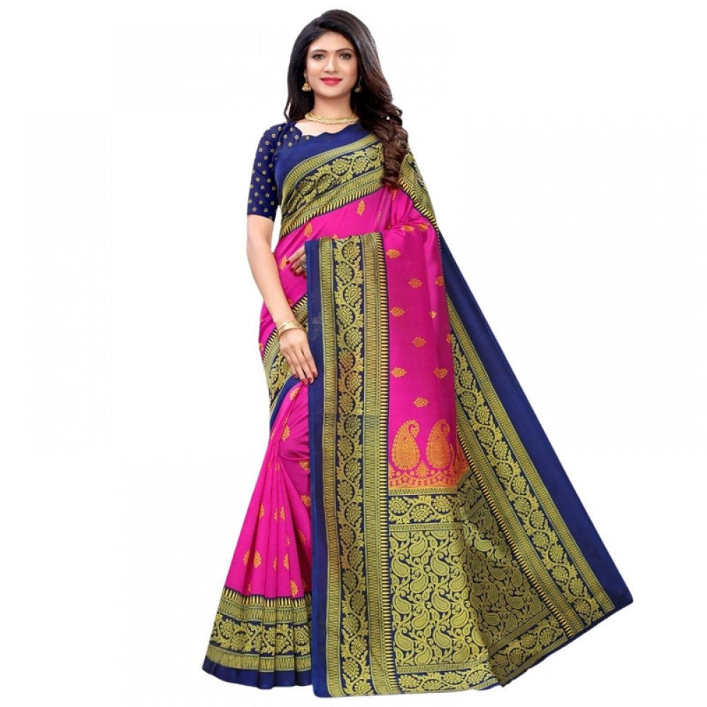 Generic Women's Litchi silk Printed Saree With Unstitched Blouse 5-6 Mtrs (Pink)