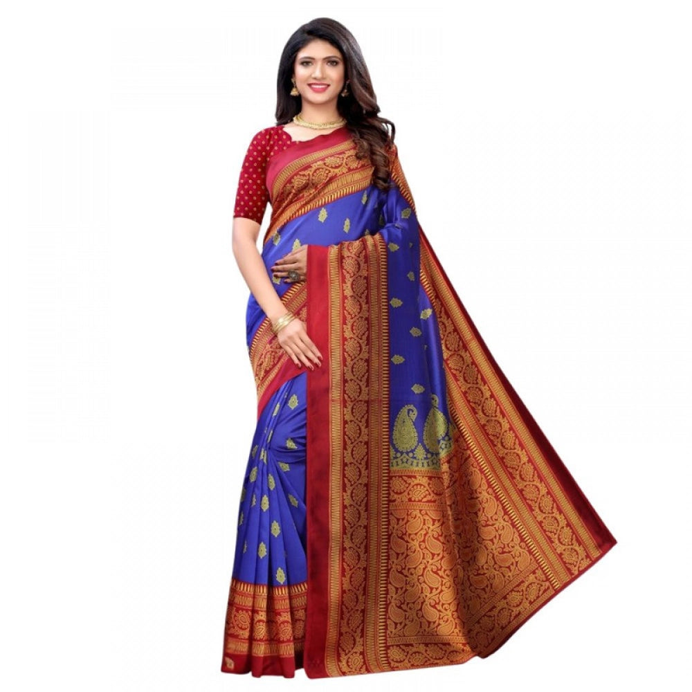 Generic Women's Litchi silk Printed Saree With Unstitched Blouse 5-6 Mtrs (Blue)